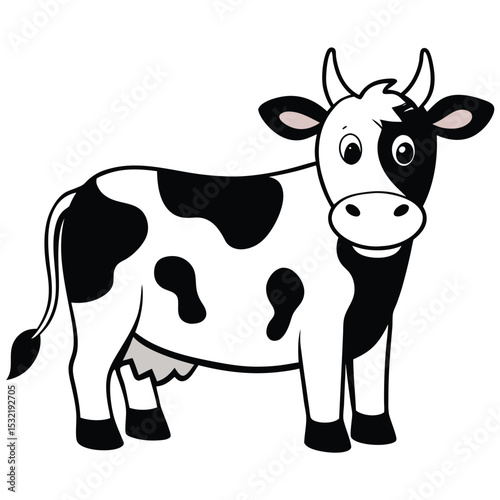 Cartoon dairy cow stands cheerfully exhibiting its distinctive black and white spots pattern