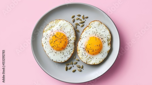Two sunny-side-up eggs seasoned with black pepper and accompanied by pumpkin seeds on a white plate against a pink background.