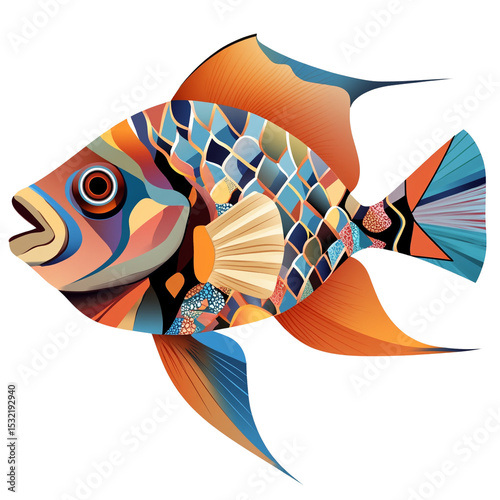 Vibrant fish illustration with colorful patterns and details  