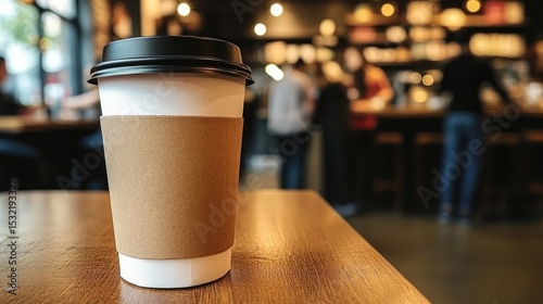 Coffee to Go: A steaming cup of coffee in a disposable cup with a paper sleeve sits on a wooden table in a bustling cafe. The background is softly blurred, suggesting a lively atmosphere.