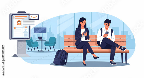 Shot of a young Latina professional in business casual attire, checking work emails on smartphone while waiting in a sleek airport lounge. South Asian university student sitting on a park bench
