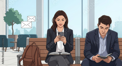 Shot of a young Latina professional in business casual attire, checking work emails on smartphone while waiting in a sleek airport lounge. South Asian university student sitting on a park bench