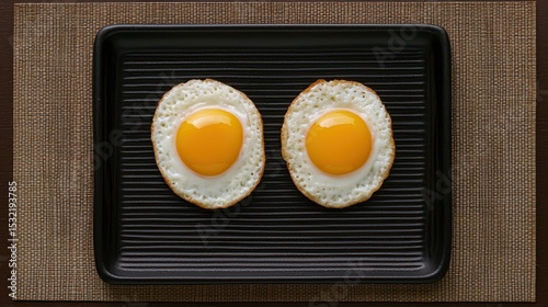 Two sunny-side-up eggs are neatly cooked and placed side by side on a black rectangular grill pan resting on a textured brown surface.