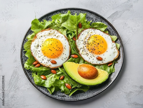 A healthy breakfast plate featuring two sunny-side-up eggs on fresh lettuce, garnished with almonds and a halved avocado.