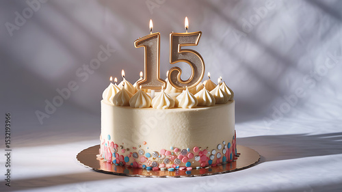 Delicious birthday cake with golden candles celebrating fifteenth anniversary on a white background photo