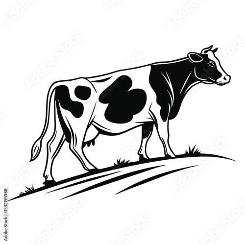 A monochrome cow stands gracefully on a grassy hill, portrayed in stark black and white