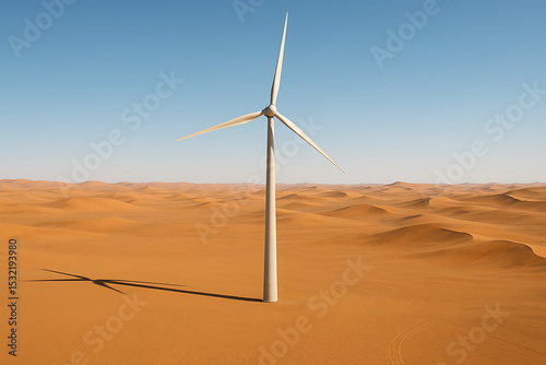 Wind Turbine in Scorching Desert – Renewable Energy Tower in Arid Heat with Blue Sky

