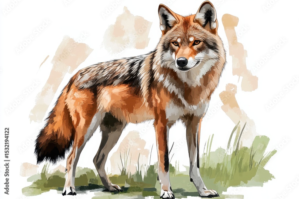 Obraz premium Wild coyote standing majestically in a grassy landscape during daylight with detailed fur patterns and alert expression