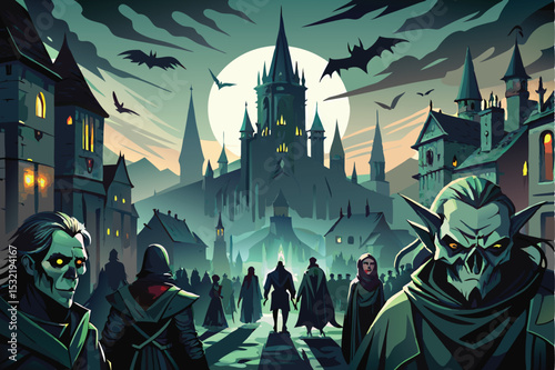 A vibrant, stylized illustration of a mysterious medieval town at night.