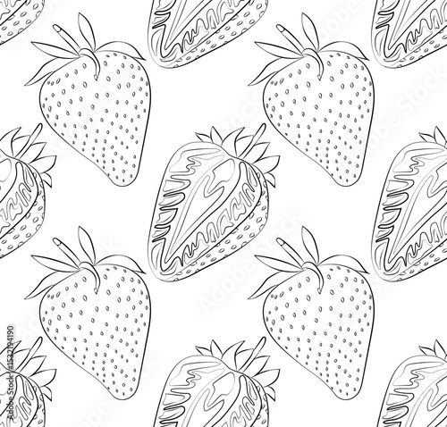 Seamless pattern of linear black and white halves and whole strawberries. Ideal for packaging, backgrounds and object design.