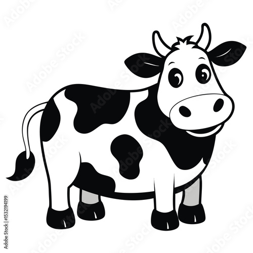 A cartoon Holstein cow stands cheerfully with black spots on its white body