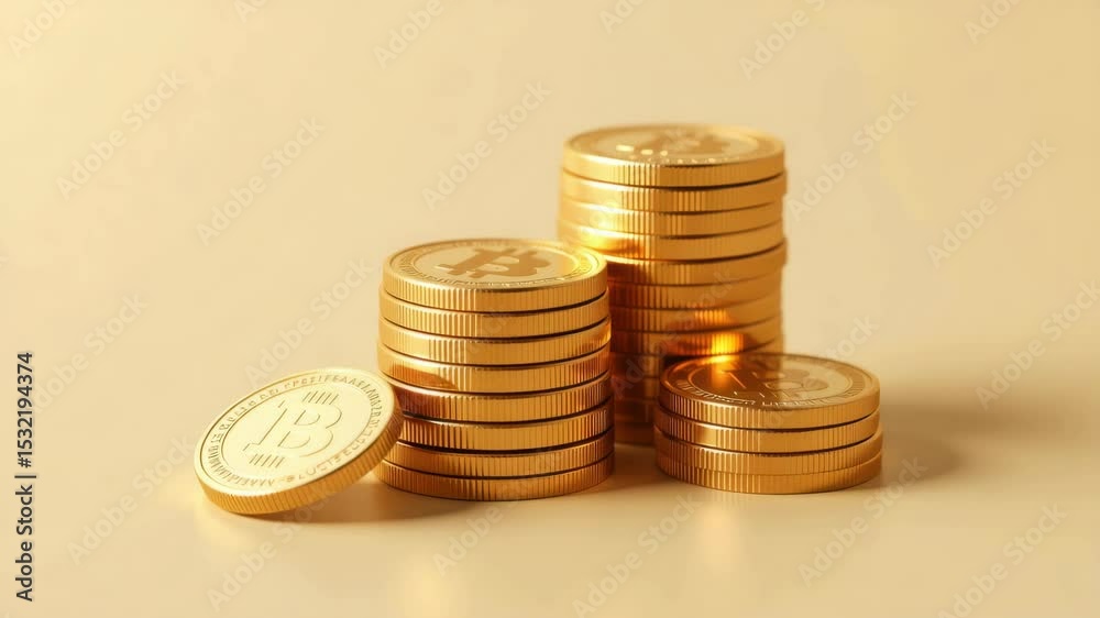 Stacks of gold-colored Bitcoin coins are neatly arranged on a light background, symbolizing cryptocurrency and digital wealth. Stacks of gold-colored Bitcoin coins are neatly arranged on a light background, symbolizing cryptocurrency and digital wealth.