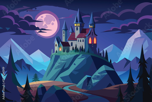A stylized illustration of a majestic castle nestled atop a dramatic mountain peak under a luminous full moon.