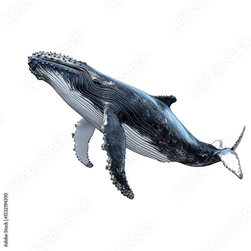 A humpback whale is shown swimming, highlighting its detailed textured body, long pectoral fins, and distinctive throat grooves. Png, Transparent background.