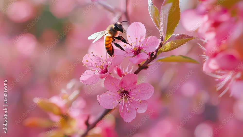 Vibrant bee collecting nectar from blossoming pink flowers Vibrant bee collecting nectar from blossoming pink flowers