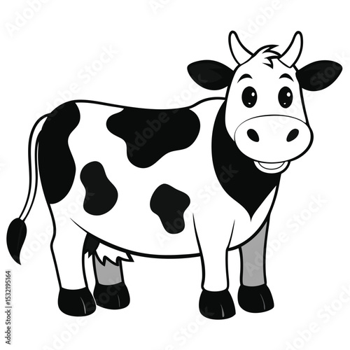 Smiling cartoon cow with black and white spots stands cheerfully for all