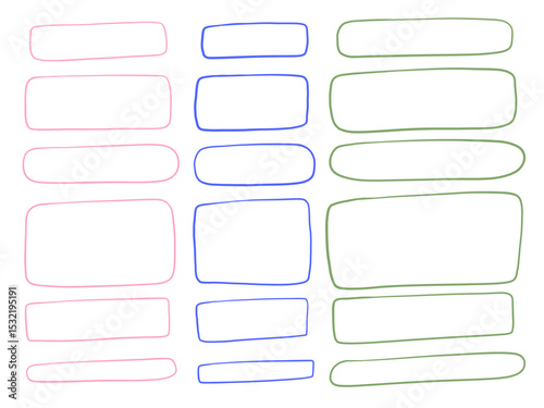Line Art Rounded Rectangle Frame Shape. A clean collection of rounded rectangle frames in pink blue and green with soft edges sketch contour and minimal proportion. Perfect for UI design notes layouts
