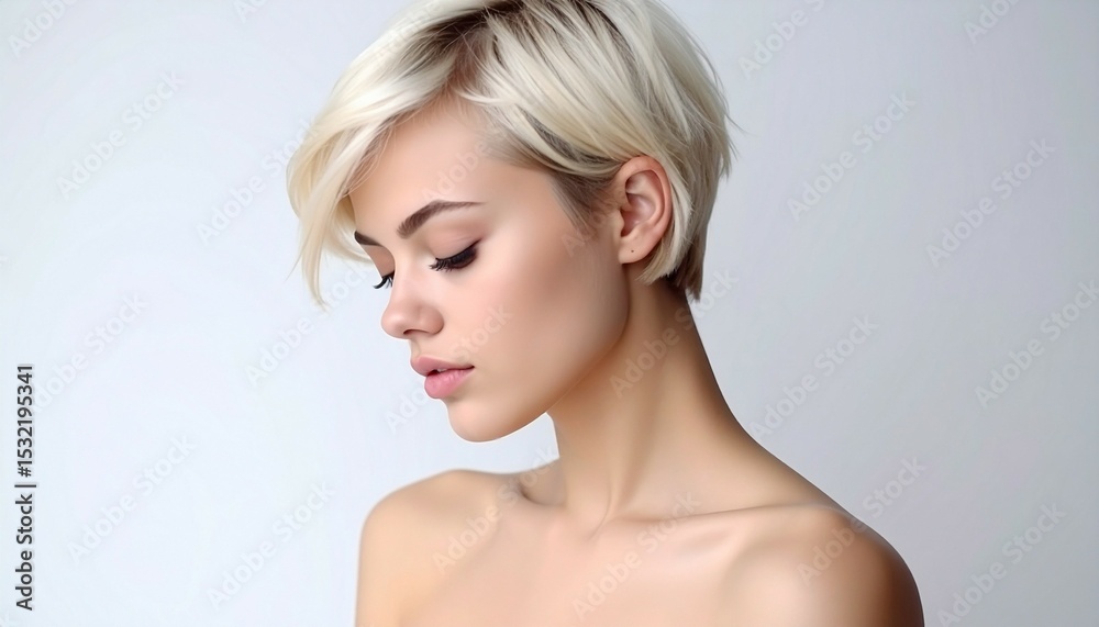 studio portrait of a blonde woman with short hair and nude shoulders looking down on a white background