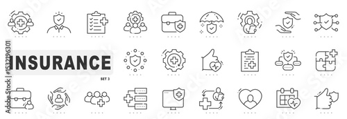Set of insurance related line icons. Care, protection, health etc. Editable stroke. Set 3
