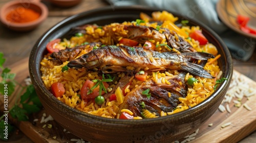 A vibrant Senegalese thieboudienne, the national dish featuring fish simmered in a flavorful tomato sauce with rice and colorful vegetables.