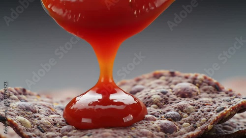 A thick, golden-red sauce or syrup is poured over a textured, dark pancake or chip
