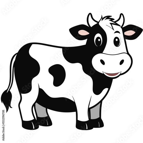 A cartoon cow standing exhibits a classic black and white patterned hide