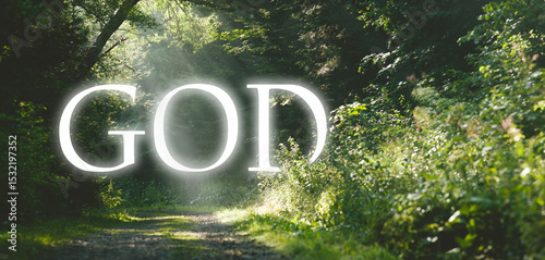 The sign of God on the path through the woods. A concept of faith with nature and sunlight.

