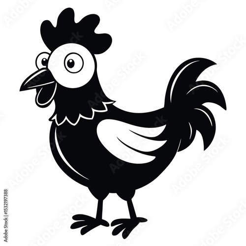 Cartoon rooster struts cheerfully with its beak slightly open on a white background
