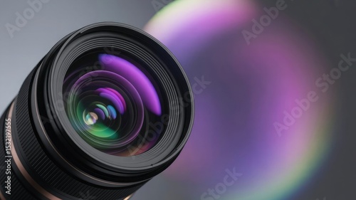 Close up of a professional camera lens with purple and green lens flare photo
