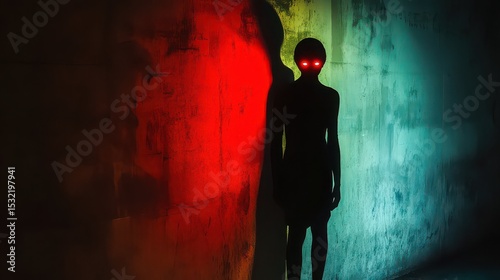 Silhouette of a person with glowing red eyes standing against a colorful textured wall in the dark