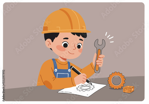 A young boy, wearing a hard hat and overalls, enthusiastically designs a gear with a pencil and plans. He holds a wrench, surrounded by tools and blueprints. Bright, cheerful illustration.