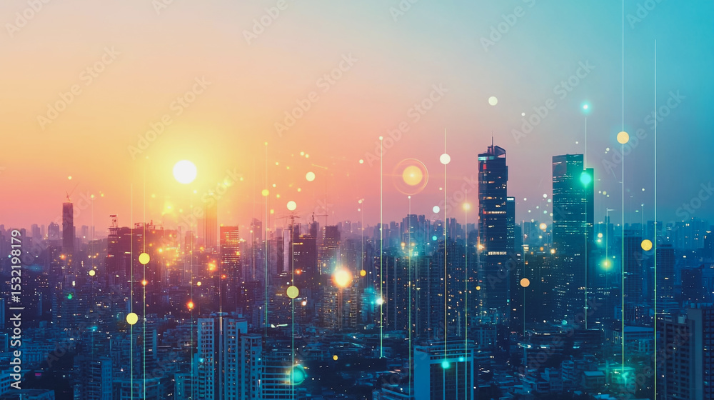 Fototapeta premium Smart city with connection network reciprocity over the cityscape social media networking systems that connects on the peak of success amid tall, innovative Smart city and graphs with statistics