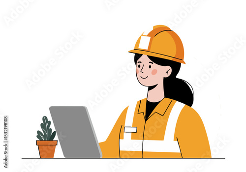 A smiling female construction worker uses a laptop, showcasing modern work and technology. Bright, clean, and professional.