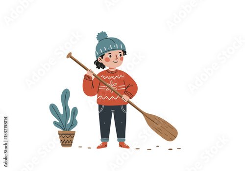 cheerful  person with a beanie and paddle stands amidst a minimalist indoor scene A playful illustration style with crossed-out elements adds a touch of whimsy 