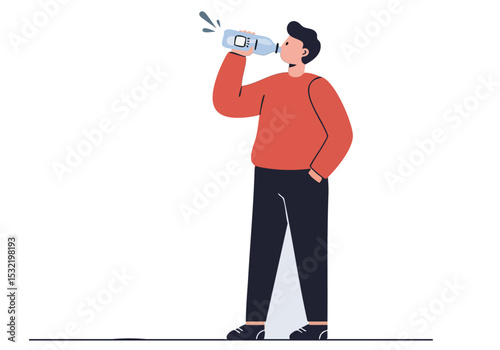 A young man drinks water, refreshing himself indoors. Clean, modern illustration style. Focus on hydration and well-being.