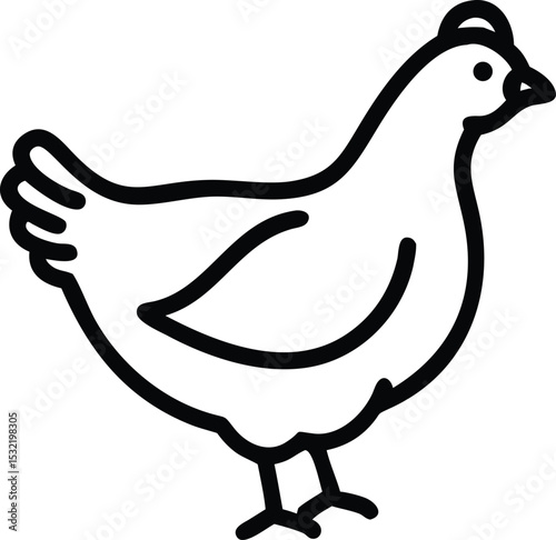 Black outline displays a simple, linear, minimalist chicken in full profile on a white backdrop