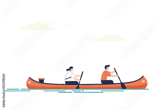 Two people paddle a canoe down a calm river, enjoying a scenic journey. A bright, minimalist style illustration evokes a sense of adventure and teamwork.