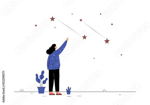 A woman gazes at the stars, pointing upwards. A dreamy, hopeful illustration with a pink backdrop and subtle star details. Perfect for inspirational content.