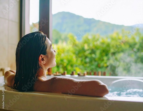 A woman relaxing in a stylish bathtub/スタイリッシュなバスタブでくつろぐ女性 photo