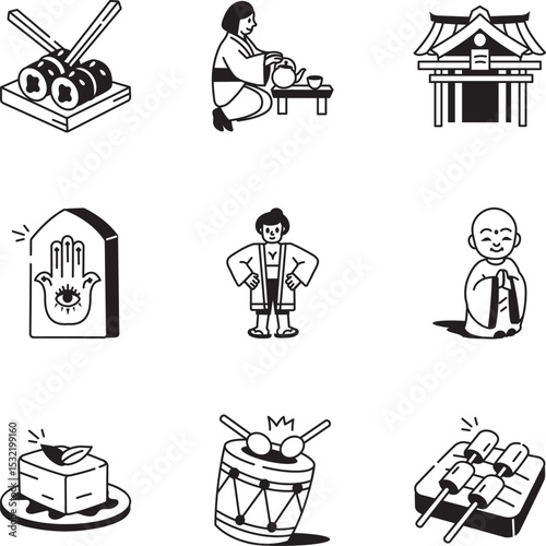 Set of Japanese Heritage Doodle Style Icons 
