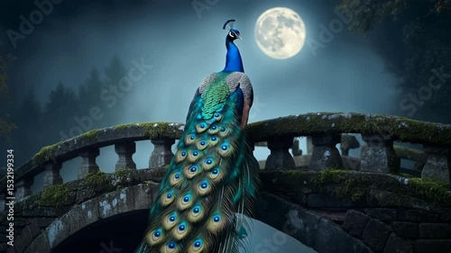 Peacock stands on a bridge under a full moon in a serene, mystical setting surrounded by trees