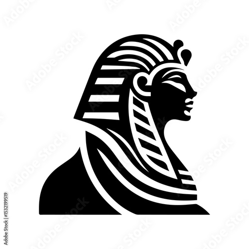 Black and white iconic Egyptian pharaoh mask illustration vector logo representing ancient civilization. History concept