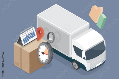 Logistics, delivery and online shopping concept. Delivery van with box, calendar and stopwatch. 3d vector flat isometric Illustration.