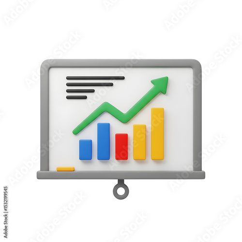 3D Presentation Board with Growth Chart - Rising Bar Graph & Green Arrow, Business Success Graphic, Isolated on Transparent Background PNG