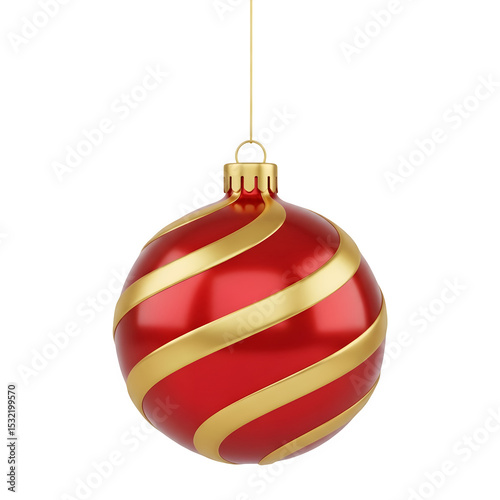 3D Red & Gold Christmas Ball Ornament - Striped Xmas Tree Decoration, Festive Holiday Bauble, Isolated on Transparent Background PNG