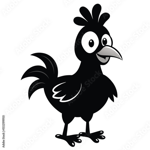 Whimsical black chicken character is standing proudly, exhibiting a fun and joyful expression