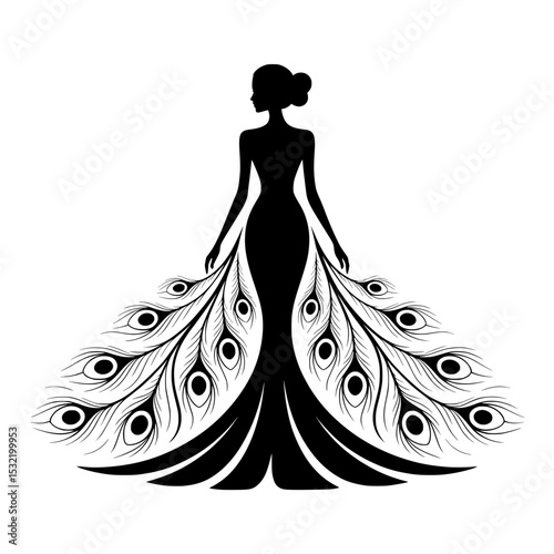 Elegant Woman Silhouette with Leaf Dress Design, Stylized black and white silhouette of a graceful woman in a flowing dress made of decorative leaves, symbolizing beauty and nature.

