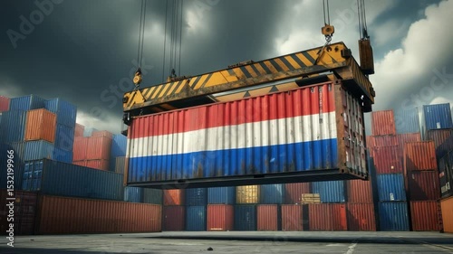 Container being lifted at a busy shipping yard with vibrant colors against a cloudy sky