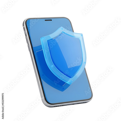 3D Smartphone Security Icon - Mobile Phone with Blue Protection Shield, Data Safety & Privacy Graphic, Isolated on Transparent Background PNG