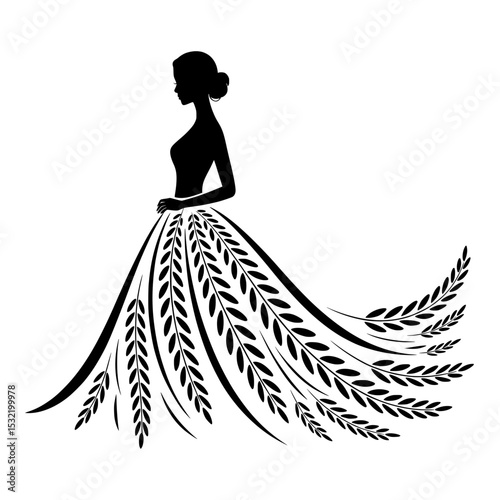 Elegant Woman Silhouette with Leaf Dress Design, Stylized black and white silhouette of a graceful woman in a flowing dress made of decorative leaves, symbolizing beauty and nature.

